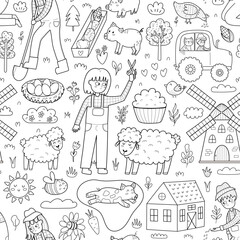 Cute black and white seamless pattern with farm animals and kids farmers. Girl shearing sheep, tractor, pig in mud, windmill. On the farm background for coloring page. Vector illustration