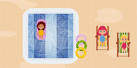 Top view little girls floating on inflatable swimming mattress in the pool. Cartoon characters vector illustration. Girls sunbathing on the deckchair