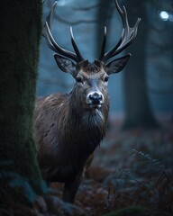 British Wildlife: Majestic Stag Poses for the Camera in Lush Oak Forest. Generative AI.