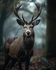 British Wildlife: Majestic Stag Poses for the Camera in Lush Oak Forest. Generative AI.