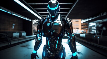 Futuristic Robot Ready for Battle in Neon Alleyway. Generative AI.