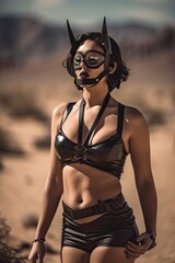 Femdom Domina in Mask and Leather Outfit in the Desert Wasteland