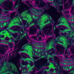 Neon Glow Skulls Seamless Pattern Tile Background. Generative AI.