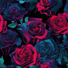Neon Glow Roses Seamless Pattern Tile Background. Generative AI.