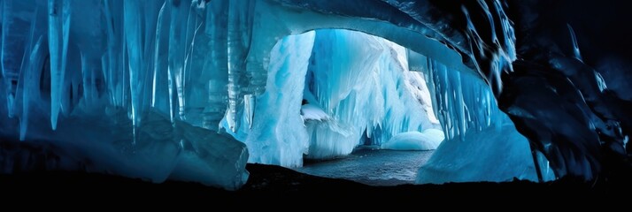 Ice Frost Stalagmite Cave, Blue Frozen Winter Snow. Generative AI.