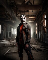 Fototapeta na wymiar Horror Fashion Photography: Masked Psycho Killer in Old Abandoned Warehouse. Generative AI.