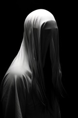 Fototapeta na wymiar Faceless Horror Creature: Terrifying White Clothed Being with Black Emptiness. Generative AI.