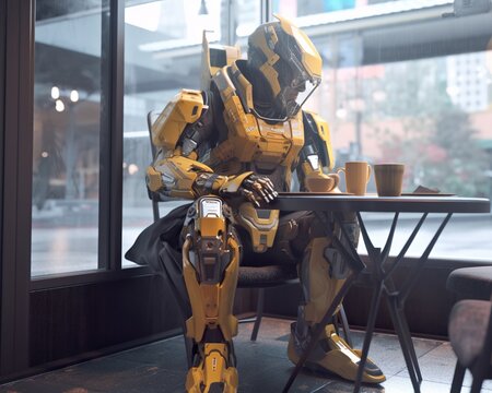 Mecha Soldier Enjoying Rainy-Day Coffee in Modern Café with Glass Windows. Generative AI.