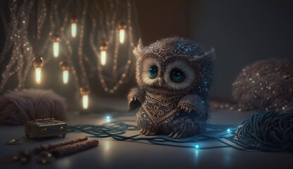 Fabulous toy owl made of yarn, a decorative gift for a collector. For fairy tales and postcards. Created with artificial intelligence.