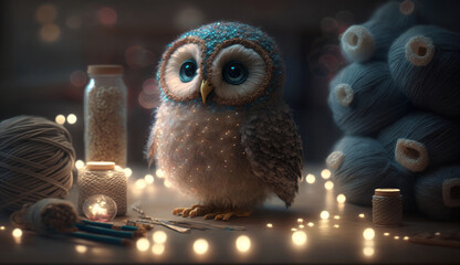 owl made of yarn, a decorative gift for a collector. For fairy tales and postcards. Created with artificial intelligence.