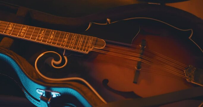 Close up of a mandolin in an opened protective case