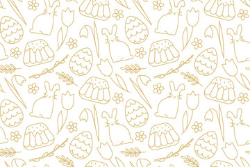 seamless Easter golden pattern with bunnies, tulips, snowdrops, willow catkins branches, cakes and eggs - vector illustration