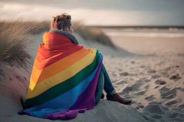 Serene Young Gay Man Contemplating the Majestic Ocean and Feeling Empowered with the Rainbow Flag Draped Over His Shoulders on a beach. Acceptance, and equality in LGBTQ+ community. Generative AI.