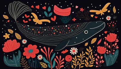 flat cute whale with flowers . Creative illustration. (Ai Generate)