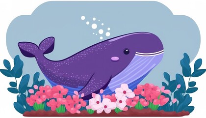 flat cute whale with flowers . Creative illustration. (Ai Generate)