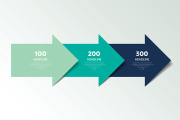 Three step arrow template for presentation. 3 steps options, elements, infographic.