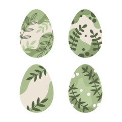 Set with Easter eggs. Vector set with green painted Easter eggs. Easter eggs decorated with leaves.