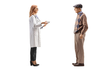 Full length profile shot of a female doctor talking to an elderly male patient