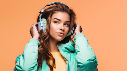 A woman with a radiant smile listens to music through headphones, lost in the blissful sound of her favorite tunes. Green, Orange, Yellow. Generative AI