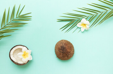Obraz na płótnie Canvas Tropical background with coconut and palm leaves.