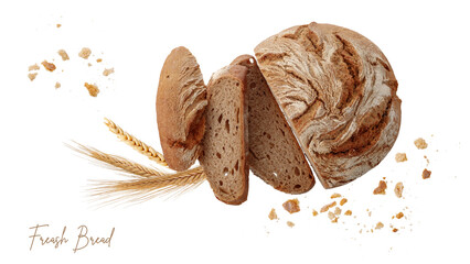 Sliced loaf of fresh baked rye wheat bread with crumbs and spikelets closeup isolated on white