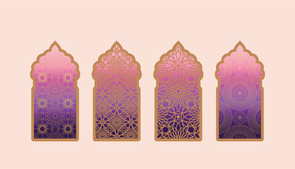 Arabic silhouettes set window or gate, and arches, mosque, stars and crescent Ramadan Kareem, Eid Mubarac islamic holiday design Vector template decorative frame, cover, banner modern abstract print