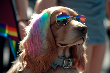 Funny dog with sunglasses and hair painted in the colors of the rainbow at an LGBT demonstration for gay pride parade. Inclusivity, acceptance, love, equality. LGBTIQ+ community. Generative AI.