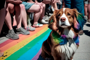 Dog standing up for equality and acceptance with their colorful rainbow bandana. Adorable furry companion at the LGBTQ+ pride parade, showing their love for the diverse community. Generative AI.
