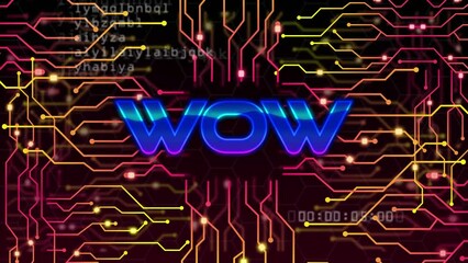 Animation of wow text over data processing and computer circuit board on black background - Powered by Adobe
