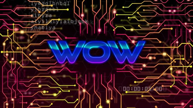 Animation of wow text over data processing and computer circuit board on black background - Powered by Adobe