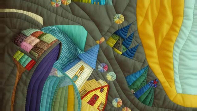 Quilt Art Style Journey Depicting a Changing Historic New England Village with Victorian Houses, Flowers, Churches, Changing Seasons, Trees, Autumn Foliage. [Historic Fabric Art / Folk Art Style Clip]