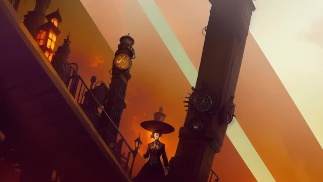 Silhouette Animation of a Steampunk City. Victorian Clockwork Cityscape with Steam Trains, Vehicles, Lanterns, Clock Towers, Trains, Bicycles, Buildings, and Mysterious People. [Fantasy / Historic]