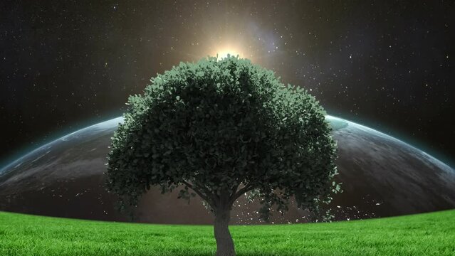 Animation of tree over globe and sky with sun and stars
