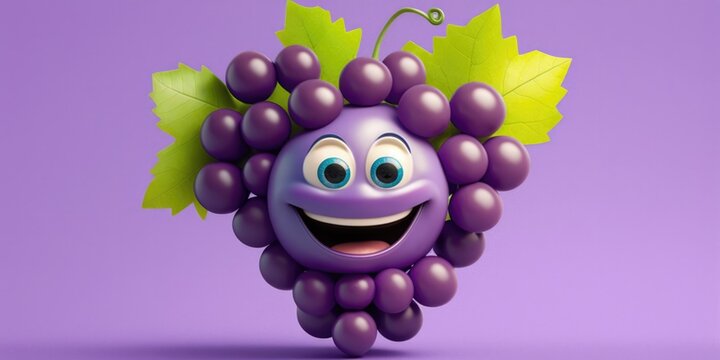 Naklejki Happy smiling cartoon purple grape face character, funny cute fruit berry sticker color personage icon isolated on violet background, healthy organic vegan diet food. AI generative.