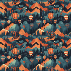 Seamless pattern of hot air balloons flying in mountains. Blue ang orange colors. Generative AI.