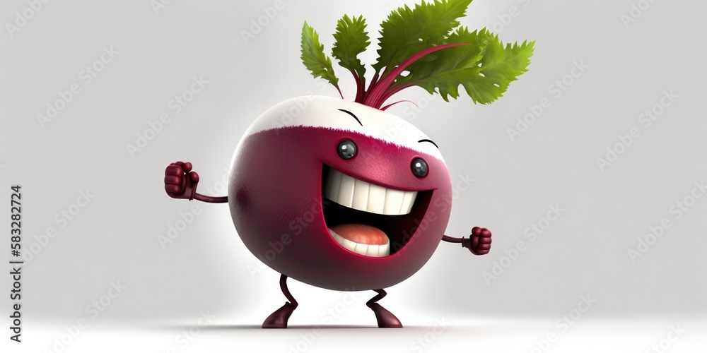 Wall mural Happy smiling cartoon red beet radish face character, funny cute vegetable sticker color personage icon isolated on white background, healthy organic vegan diet food. AI generative.