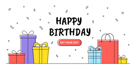 Gifts line banner. Happy birthday, holiday and festival. Boxes and packages with gifts and confetti. Marketing and advertising, sales and promotions, limited offer. Cartoon flat vector illustration