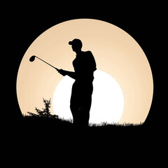 golf, silhouette, sunset, sky, sun, nature, people, golfer, woman, sunrise, sport, child, joy, freedom, grass, fun, active, landscape, happiness, dusk, black, outdoors, success, generative ai