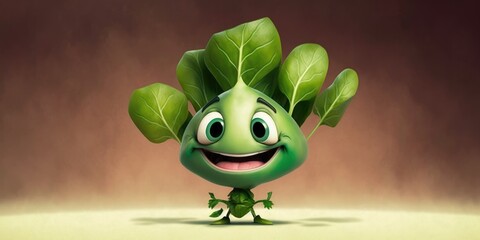Happy smiling green cabbage leaves cartoon character, funny cute vegetable sticker color personage icon isolated on brown background, healthy organic vegan diet food. AI generative.
