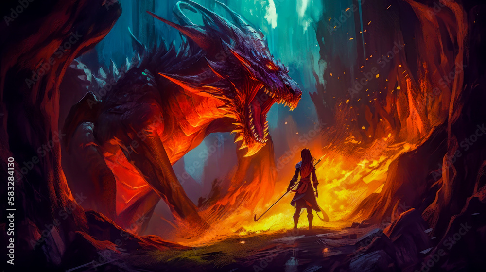 Wall mural Woman standing in front of dragon in cave. Generative AI.