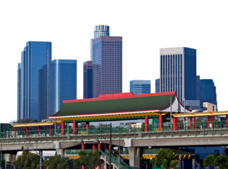 Downtown Los Angeles Skyline and Chinatown Metro Station with cut out sky.