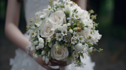 Wedding bouquet of white roses in the hands of the bride