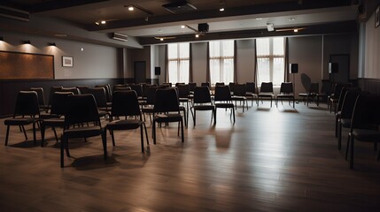 Interior of modern conference room with rows of chairs and wooden floor.