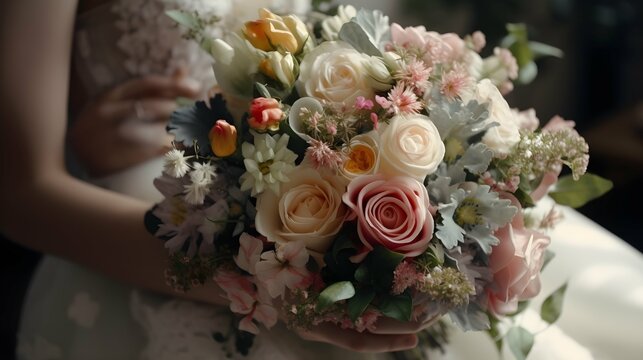 Beautiful wedding bouquet of different flowers in the hands of the bride