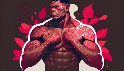 Anatomical body muscle fibers are visible . Creative illustration. (Ai Generate)