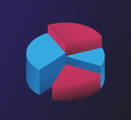 Obraz premium Red and blue diagram. Segmentation of auditory and piece of pie. Template, layout and lock up. Infographics for programs and applications, interface. Cartoon isometric vector illustration