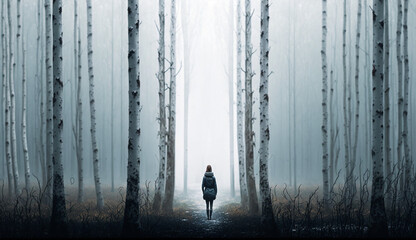Woman Standing in moody foggy birch tree forest. Created with generative AI.