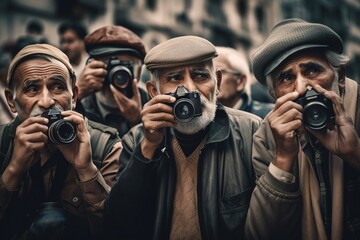 Mature senior photographers taking photos in the street with vintage cameras. Generative AI