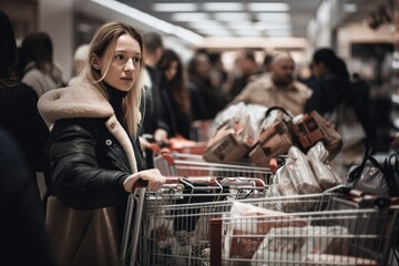 Clearance in the supermarket with crowds of people. Generative AI - obrazy, fototapety, plakaty