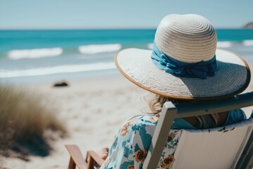 Fototapeta premium Woman in a Hat Sitting on the Beach Looking at th Ocean (Generative AI)